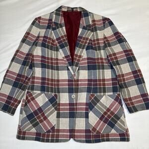 VTG 90's European Blazer Womens US 10-12 Red Blue Plaid Linen Blend Jacket EUC